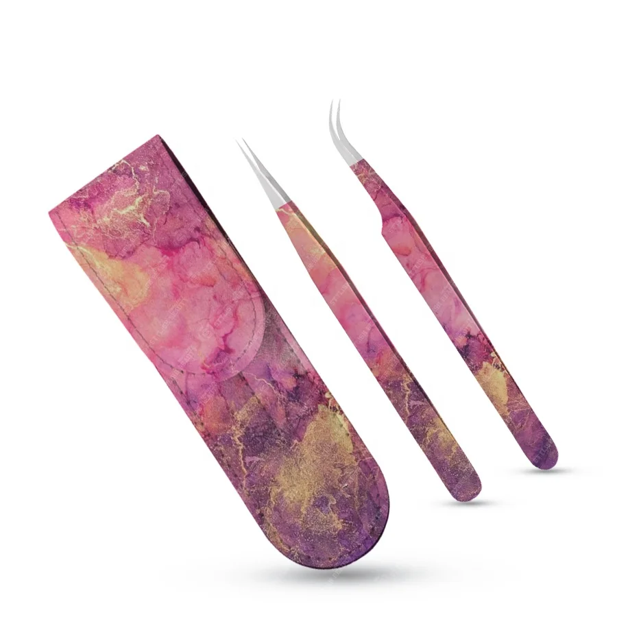 Multifunctional High Quality Anti Static Stainless Steel Vetus Eyelash Extension Tweezers With Pouch Packing Customized Logo