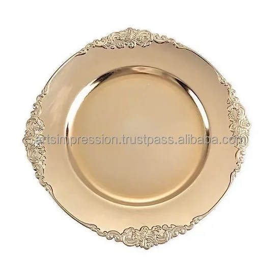 Top Model Fancy Round Shape Metal Charger Plate With Border Design Premium Quality Silver Color Under Plates For Kitchen Use