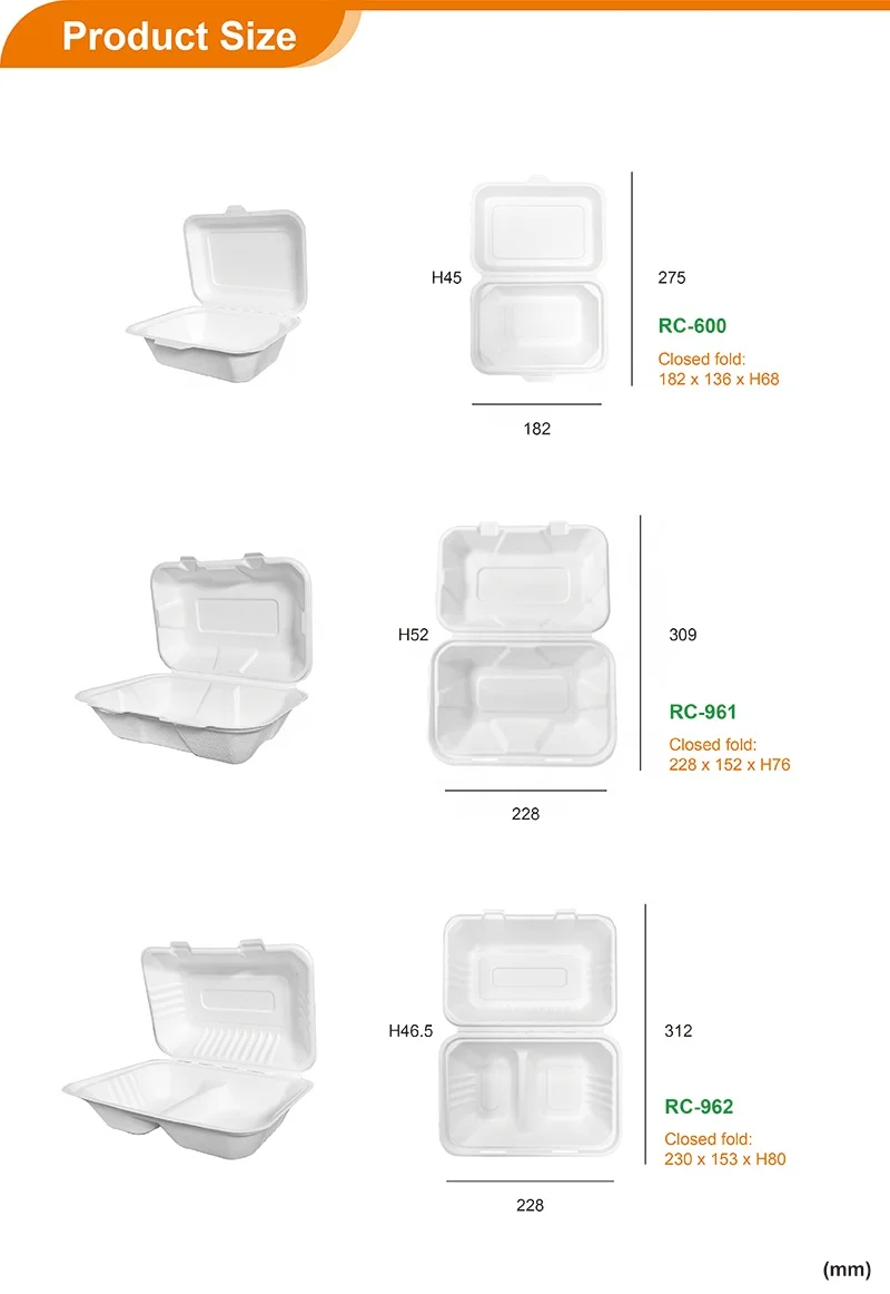 Disposable bleached food container bagasse lunch box biodegradable clamshell