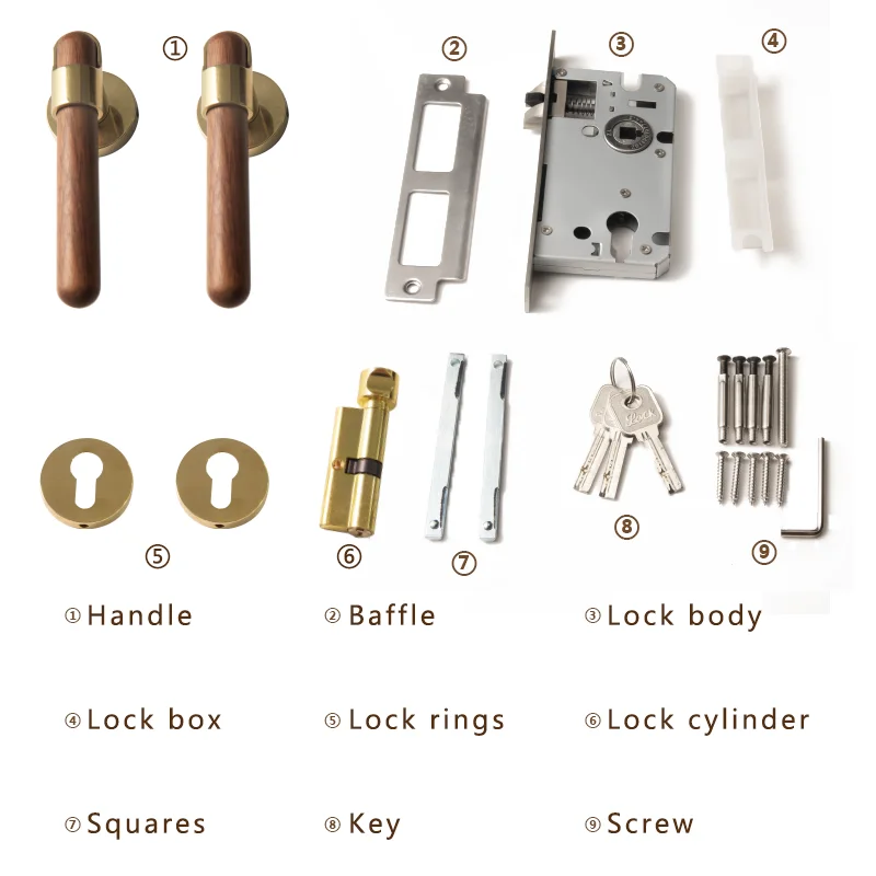 Золотая современная и простая внутренняя дверная ручка из орехового дерева с бесшумным сплит-замком цинкового сплава для спальни