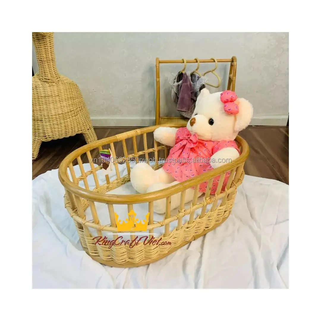 King Craft Viet Rattan Baby Bassinet Crib High Quality Wicker Doll Furniture Miniatures Toys Stroller Chair Bed Home Decoration