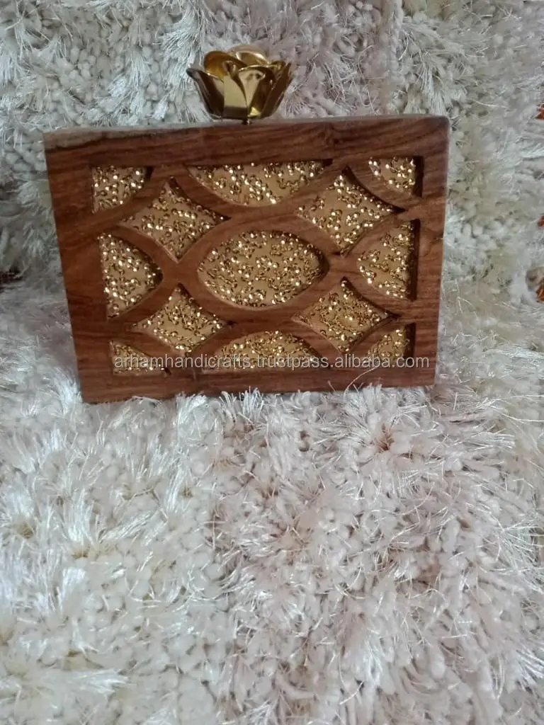 100% natural acacia Wooden Clutch Bag Handmade women and girls side purse with shoulder chain at low price by LUXURY CRAFTS