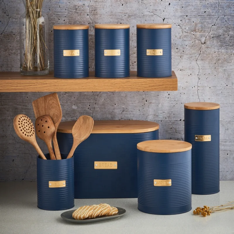 New launch Otto Navy Bread Bin Storage metal storage box with wood lid kitchen utility article