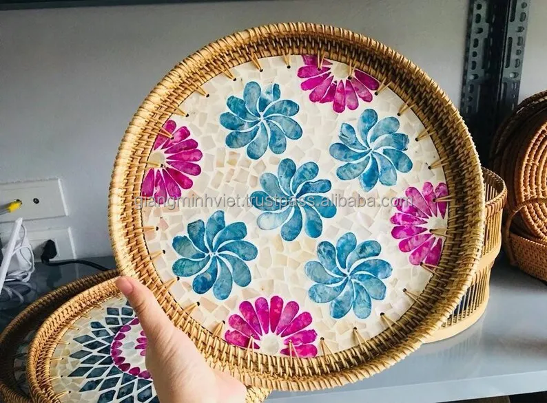 Hot Selling Amazon Wholesale Rattan Mother of Pearl inlay Serving Trays from Vietnam low MOQ