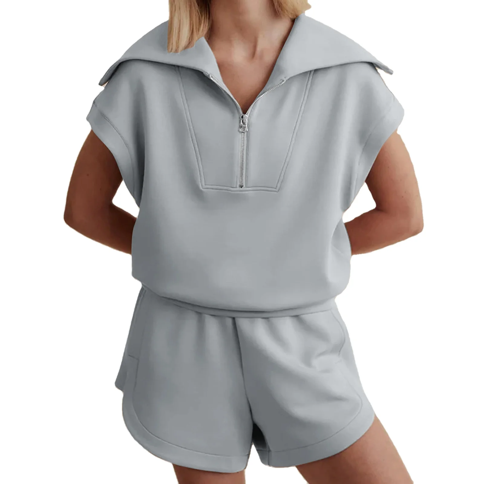 2024 Women clothing casual solid colour half zip top hoodie short sleeve and drawstring high waited shorts tracksuit Sweatshirt