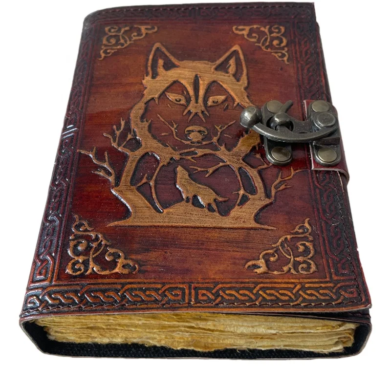 Antique Wolf Embossed Leather Journal with Metal Closure Yellow Guest book Handmade Paper Gift For Him Her Fathers Day Personal