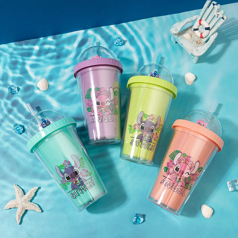 Stitch Kids Cute Cartoon 450ML large plastic travel water cup with straw plastic cups drinking cups
