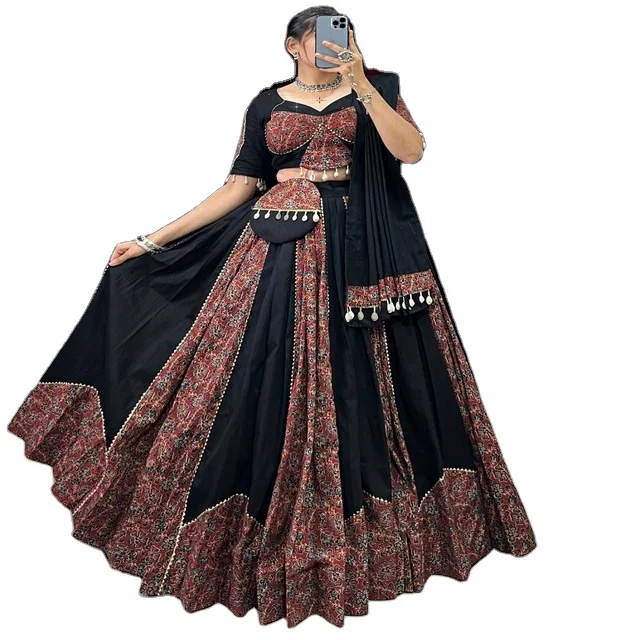 Maroon Black Cotton Lehenga Choli Set With Gota Patti And Gamthi Patch Work - Perfect For Navratri Celebrations