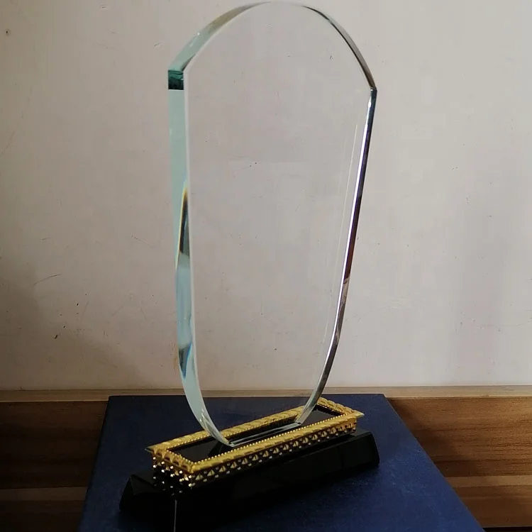 wholesale high quality k9 blank crystal glass shield trophy black base for 3d laser engraving  with Golden trim base