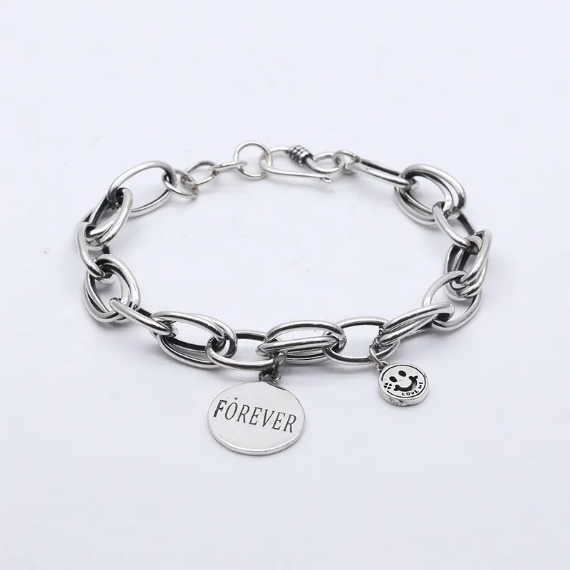 Engraved alphabet Round  hanging retro charm bracelet unisex 925 sterling silver bracelet