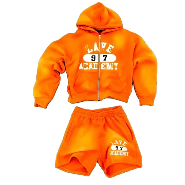 Custom streetwear zip up hoodie and shorts set man sweatsuit embroidery patch sun faded acid washed hoodies tracksuit