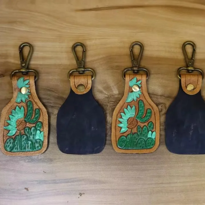 New Arrival Hand Tooled Leather Wristlet Key Fobs Embossed Floral Print Leather Key Rings Tooled Leather Accessories Key Straps