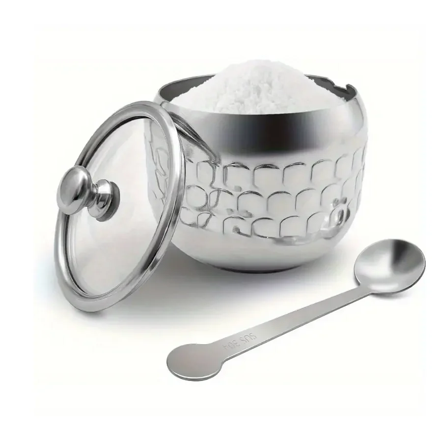 New Design Stainless Steel modern Sugar cube pot with lid steel spoon Set Kitchenware sugar pot manufactured in India