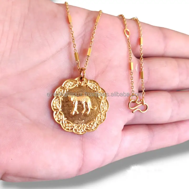 Panther Design Necklace Brass Gold Plated Handmade Pendent Round Shape with Chain Jewelry Gift for her Perfect Party Gift