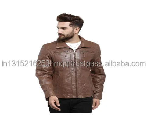 Brown stylish Leather Sheepskin  Zipper  Brown Men Biker Jacket with Quilted Viscose Lining Inside Outside Pocket