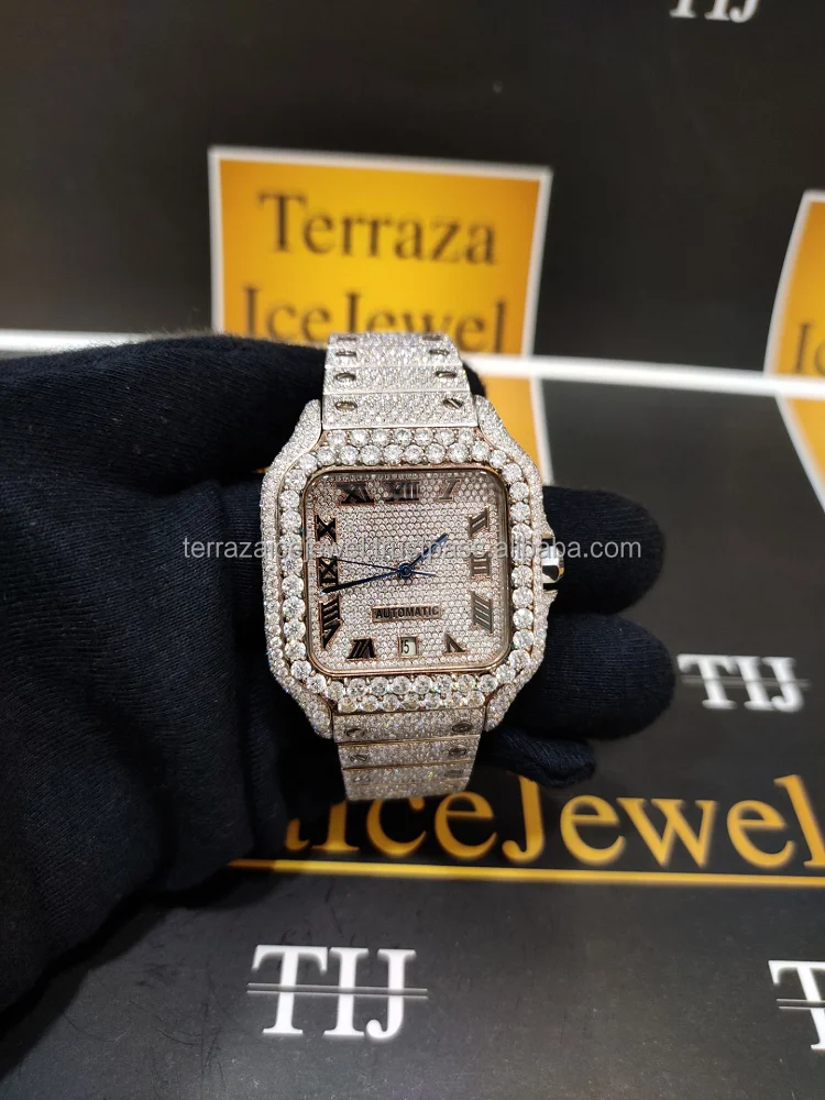 Iced Out VVS Moissanite Diamond Automatic Movement Watch Burst Down Wristwatch, Handmade Wrist Watch, Stainless Steel Watch