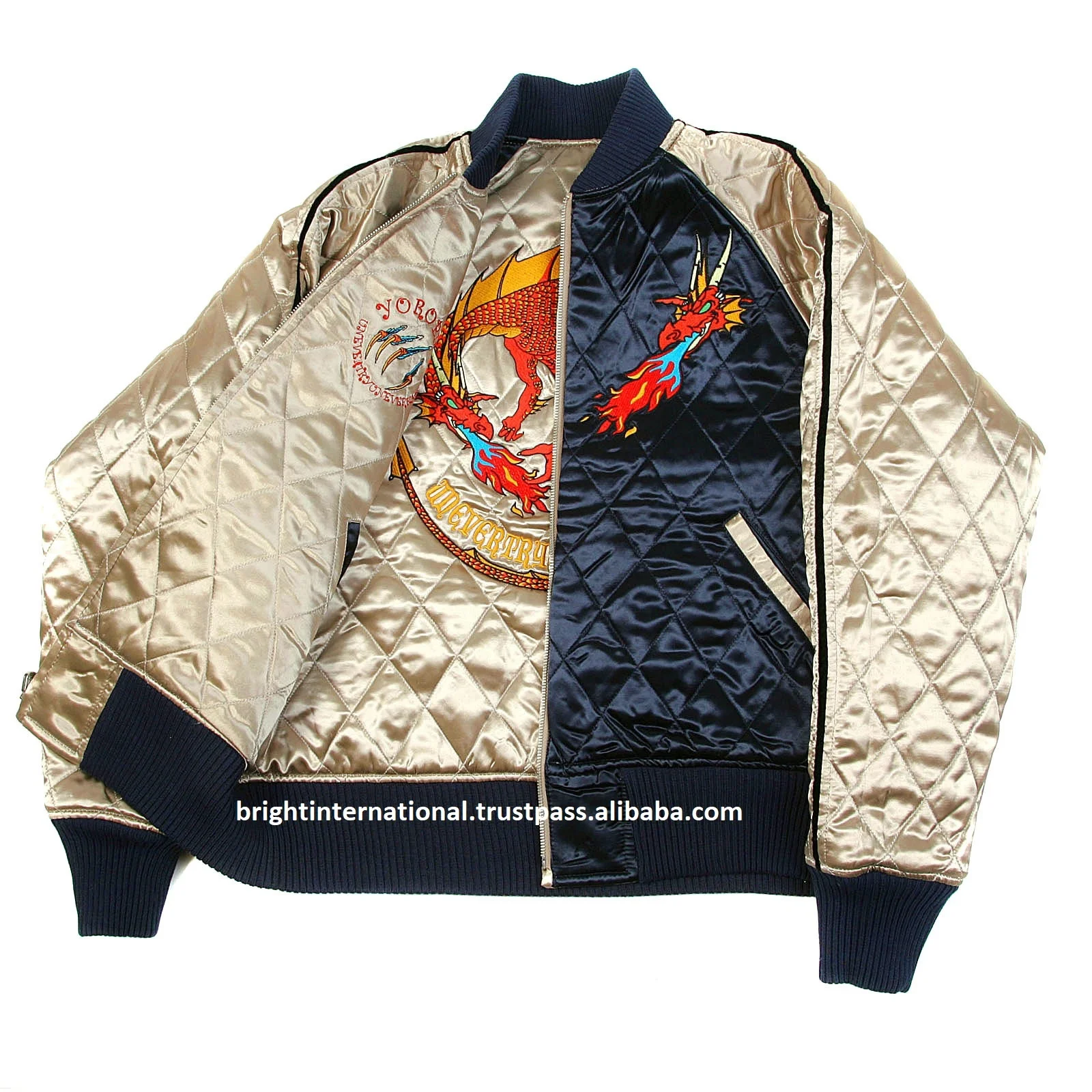 
OEM Custom Varsity Silk Reversible Quilted Jacket with Embroidered Claw Hungry Dragon Japan Bomber Jackets black body Plus Size 