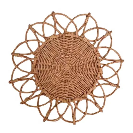 KITCHEN ACCESSORIES woven rattan placemat wood coaster round charger plates flower shape white brown wedding decoration supplies