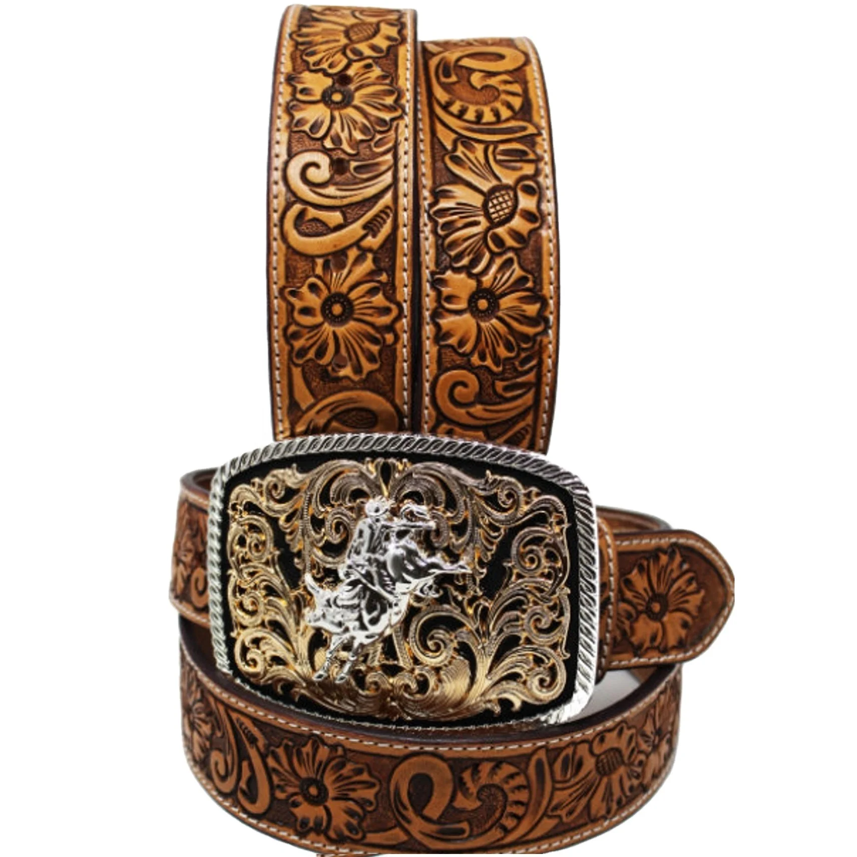 Top Quality Custom Made Cow Boy Western 100% American Cow Leather Belt With Hand Tooled Work Manufacturer For Men & Women