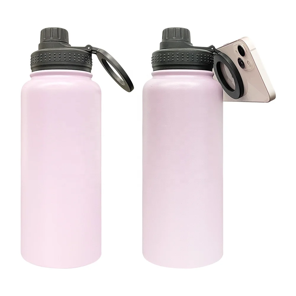 double walled stainless steel powder coated copper 32oz bottle with magnetic phone holder with lid