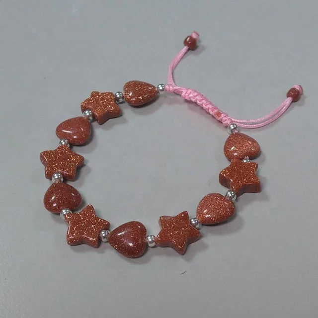 Golden sandstone star heart  bracelet 925 silver ball hand made cord knotted bangle carved natural goldstone