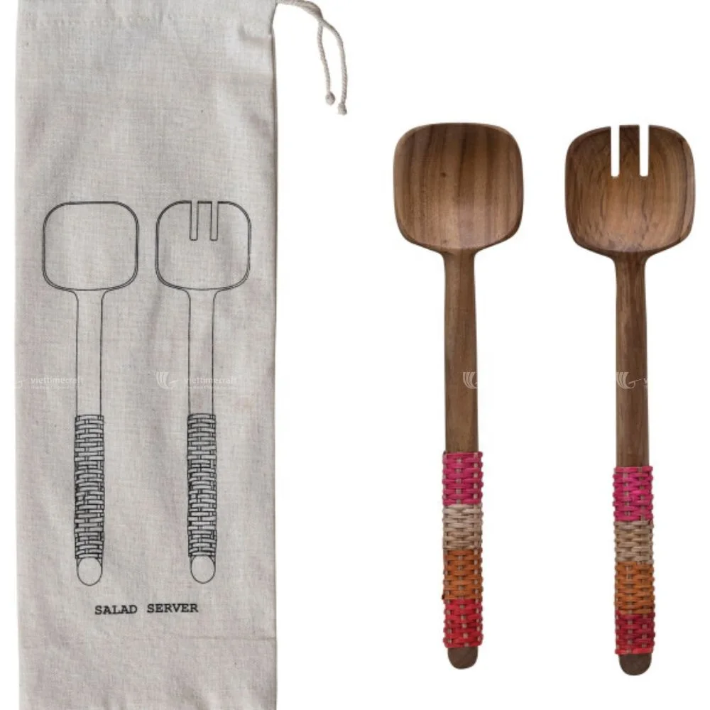 Set 2 Avocado Wood Kitchen Salad Servers, Salad Hand Rattan Wrapped, Multicolored, Set of 2 Wholesale Vietnam Handicraft