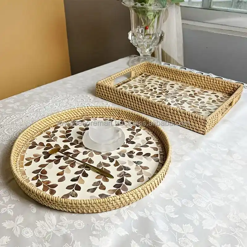 High quality best selling Natural EID Ramadan holiday Rectangle Rattan MOP Serving Tray With Handles  By Royal Decor Mart