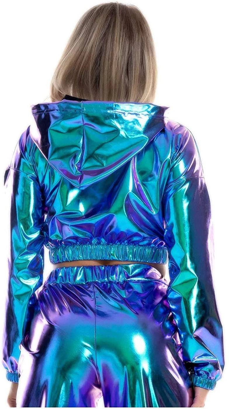 Shiny Metallic Crop Hoodies for Women Long Sleeve Wet Look Stretchy Pullover  Sweatshirts Crop Tops Club Wear