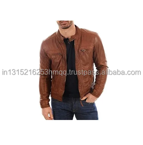 brown natural Leather Sheepskin  Zipper  Brown Men Biker Jacket with Quilted Viscose Lining Inside Outside Pocket 2024 design