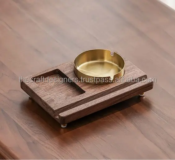 Real Acacia Brass Ash Tray Smoking Gift Accessories Decorative Cigar And Cigarette Ashtray Wooden Ashtray Wind Proof Ash Holder