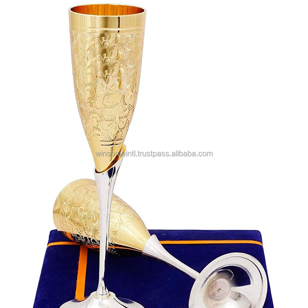 Copper wine Glass Embossed Design Coated Classic Design Medium size 2 Pieces Silver & Gold Glass With Blue Box