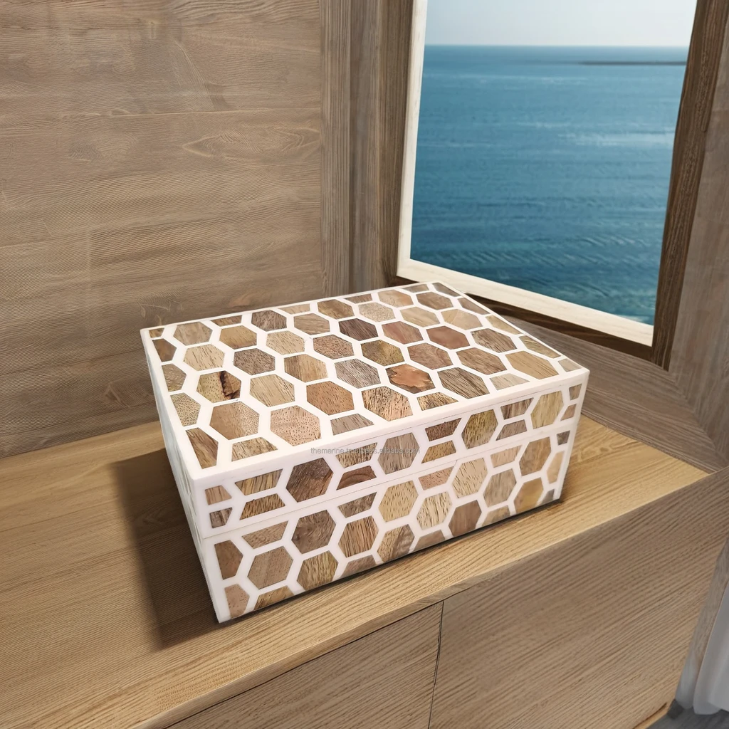 Handmade Decorative Honeycomb Pattern Bone Inlay Jewelry Box Housewarming Keepsake Storage Box Home & Table Decor