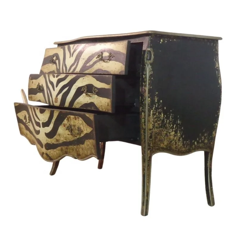 Vintage Zebra Print Commode French Style Solid Wood Chest of Drawers for Antique Bedroom Furniture Set and Hotel Furniture