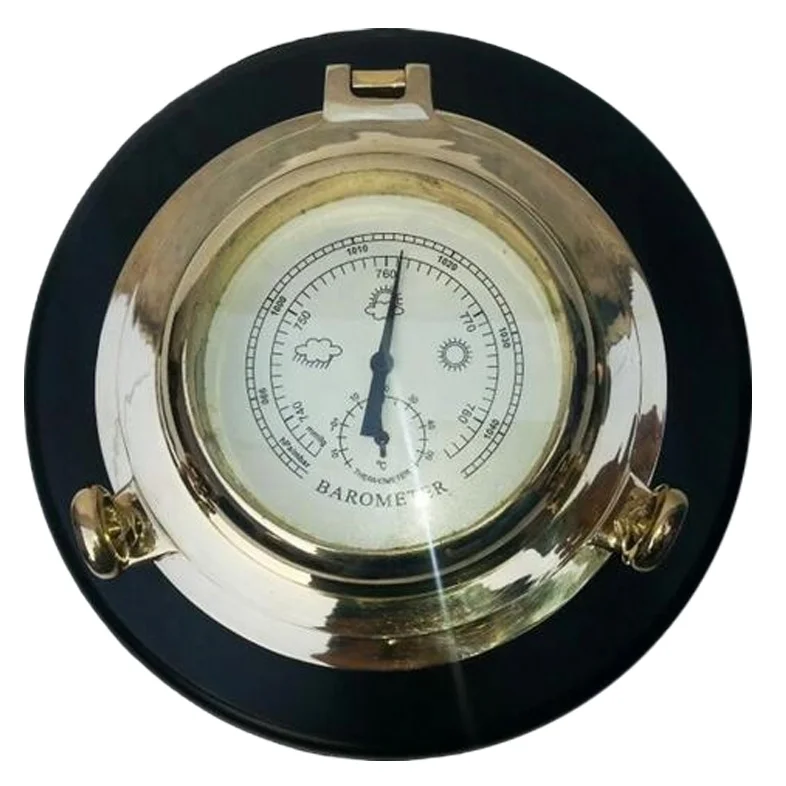 Brass Ship Porthole Round Barometer Many Sizes & Dials with Wooden Base Thermometer Hygrometer Barometer on Wood Base Your Logo