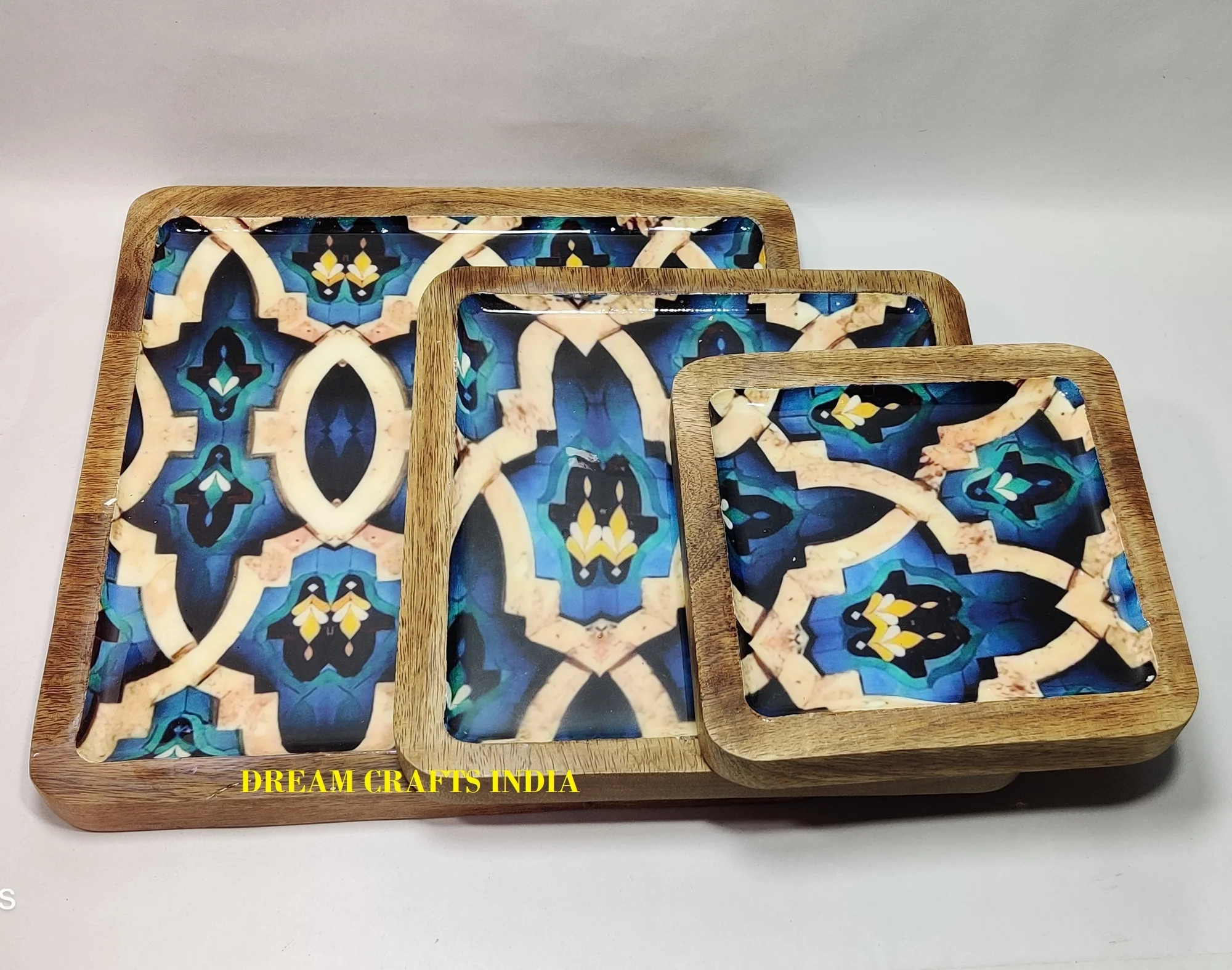 New look Solid Wood Dinner Plate Set Square Shape Customized Enamel Printed Food Grade Decorative Dessert Plates