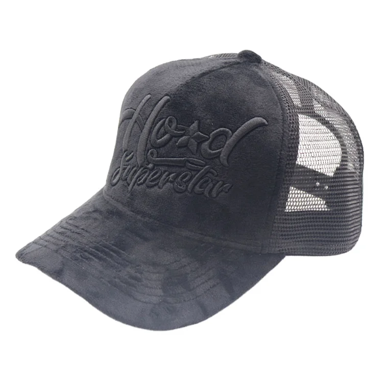 Black velvet and embroidery custom snapback full covered trucker_caps