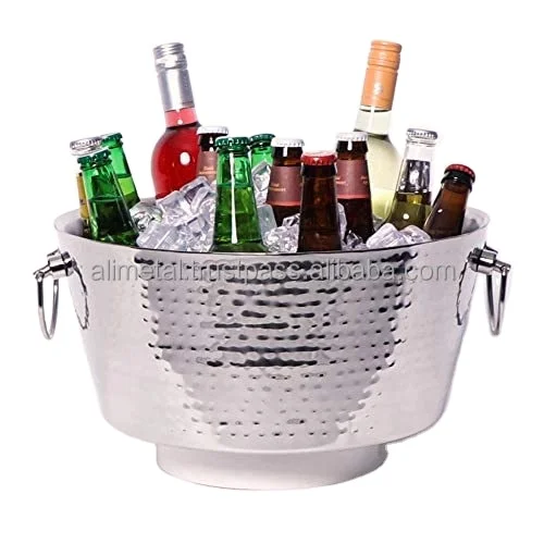Hammered Stainless-Steel Beverage Tub Double-Walled Insulated Anchored Drink Tub & Ice Bucket with Double Hinged Handles Drink