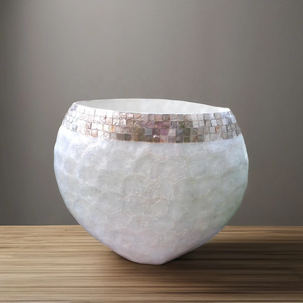Trending Luxury Handicraft Capiz Shell Vase Unique Home Decor with Resin Material Floral Pattern and Flower Pot