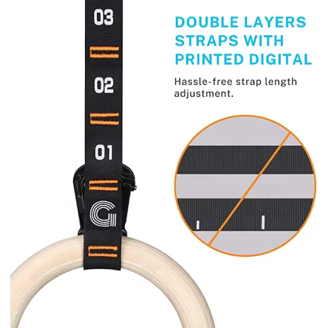 High Quantity Fitness Training Numbered Straps Wood Gymnastic Rings