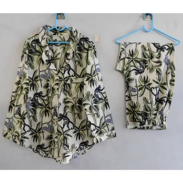 Indian Cotton Monkey Hand Block Printed Green Casual Sleepwear Long Sleeve Night Suit Comfortable Pajama Set
