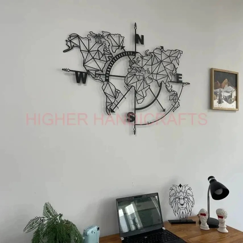 Metal World Map Wall Art Geometric Compass Design Wrought Iron Wall Decor Rustic Metal Mounted Wall Arts for Home Decorations