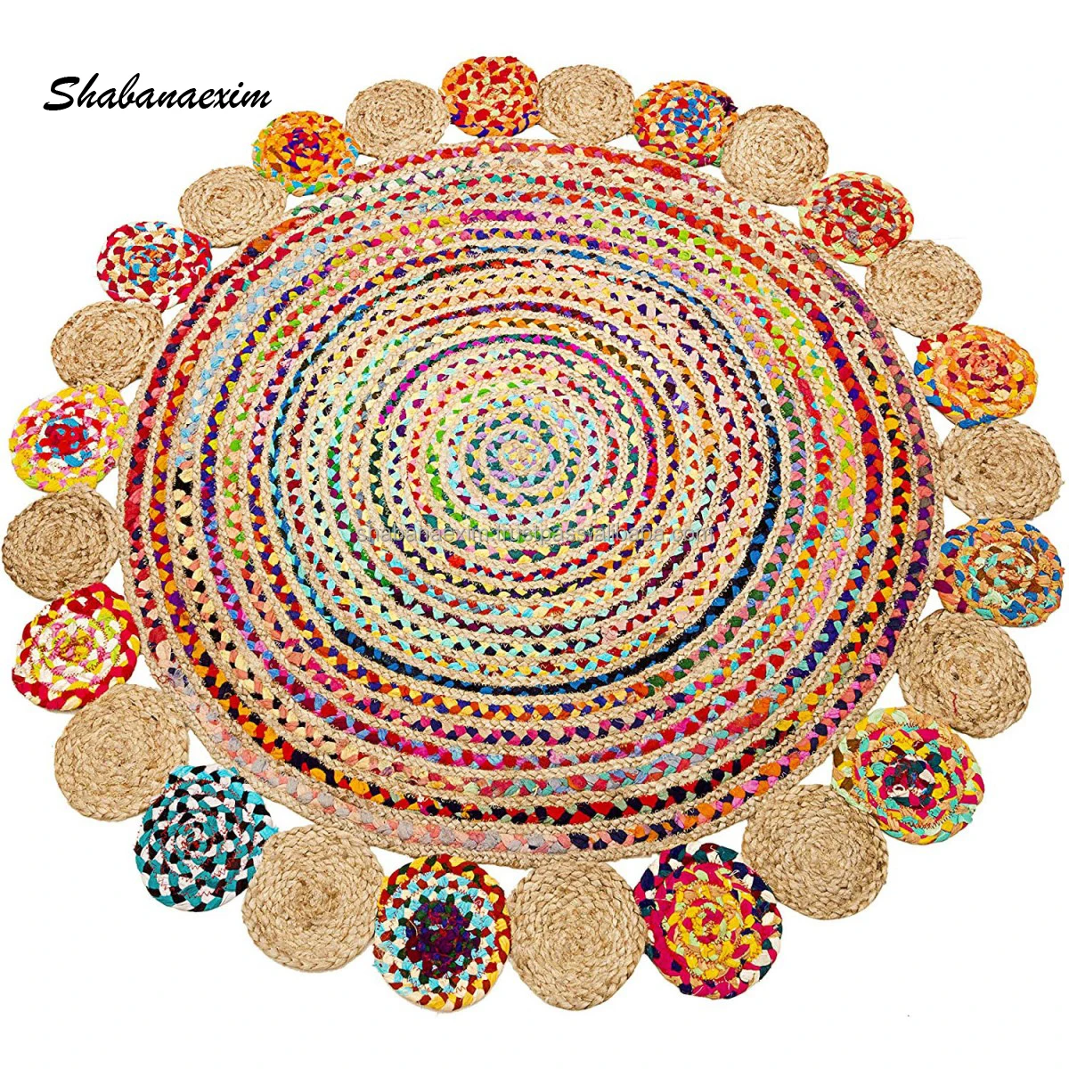 Jute Cotton Braided Floor Mat Multi Colored Handmade Jute Rug Boho Round