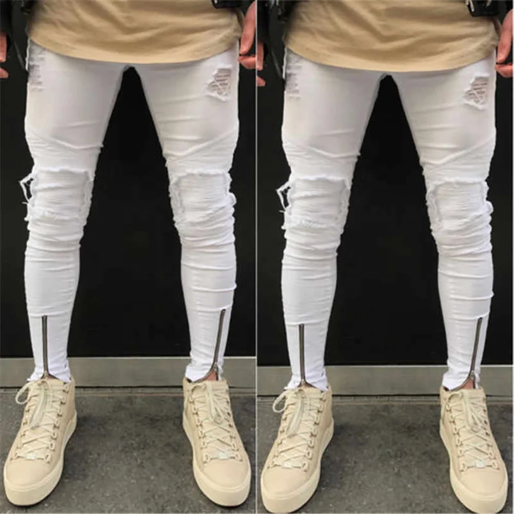 
mens dropship non-ripped jeans white color pants slim fit skinny denim distressed skinny jeans men super shredz jens for man 
