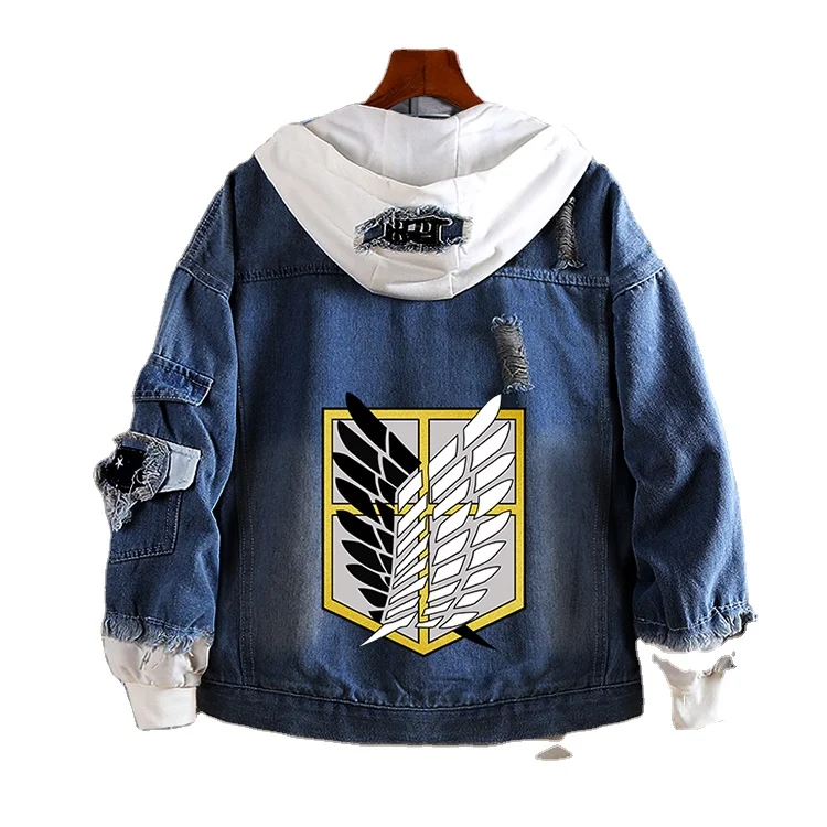 Attack on Titan Hooded Jacket Anime Print Denim Jacket Wholesale Blue Denim Jacket
