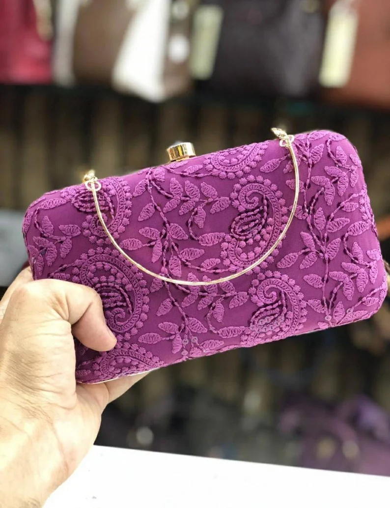 Indian Handmade Chikankari Woman Designer bag Purse Evening Hand Bags For Ladies Girl Party wear clutch