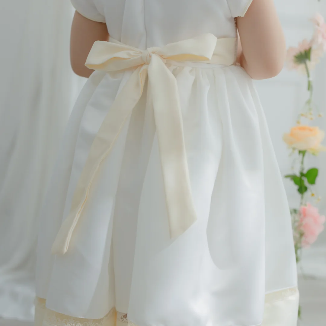 Taffeta Multi Layer Baby Girl Dress Machine Embroidery Milk Tea And Cartoon White Short Sleeve Evening Gown Children Clothes-Pam