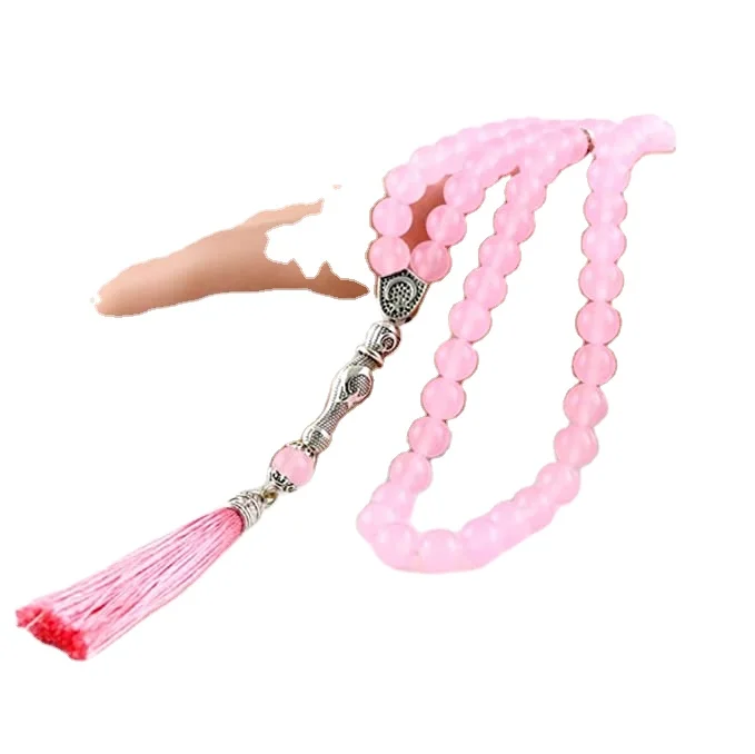 Pink Stone Tassel Round Shape 99 Prayer Beads Rosary Islamic Muslim tasbih