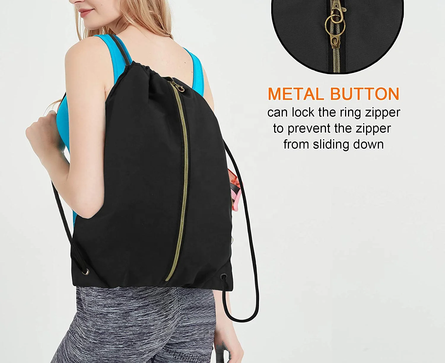 Drawstring Backpack with 3 Zipper Pocket and 2 Inside Pouch Drawstring bags Swim Bag sports Cinch Sack String bag