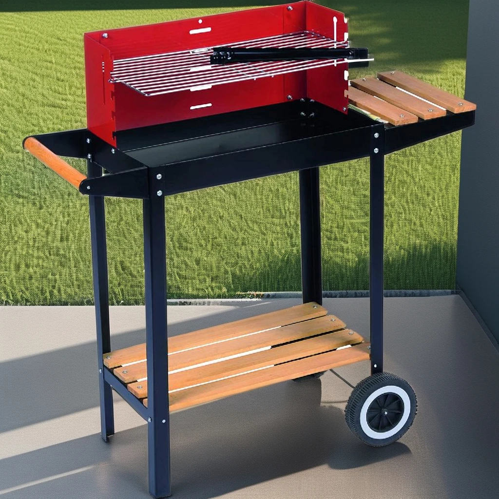 Simple Easy Assembly BBQ Charcoal Grill with Wooden Shelf Warming Grid and Trolley Heat Resistant Iron and Metal Fire Grilling