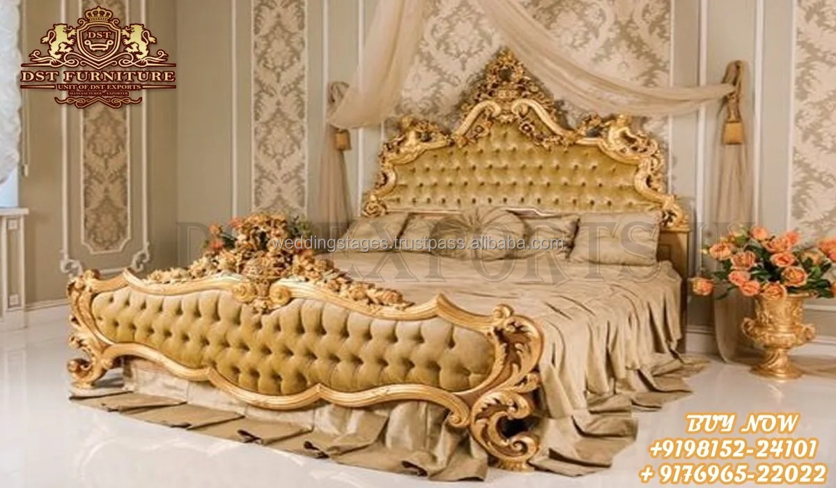 Heart Shaped Queen Size Carved Bed With Side Table Red Gold Finish Queen Size Wooden Bed Luxurious Carved Queen Size Bed